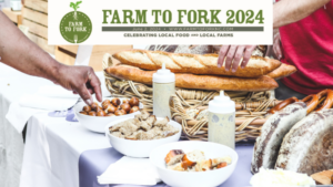 Farm to Fork Picnic 2024 graphic showing bread and people's hands