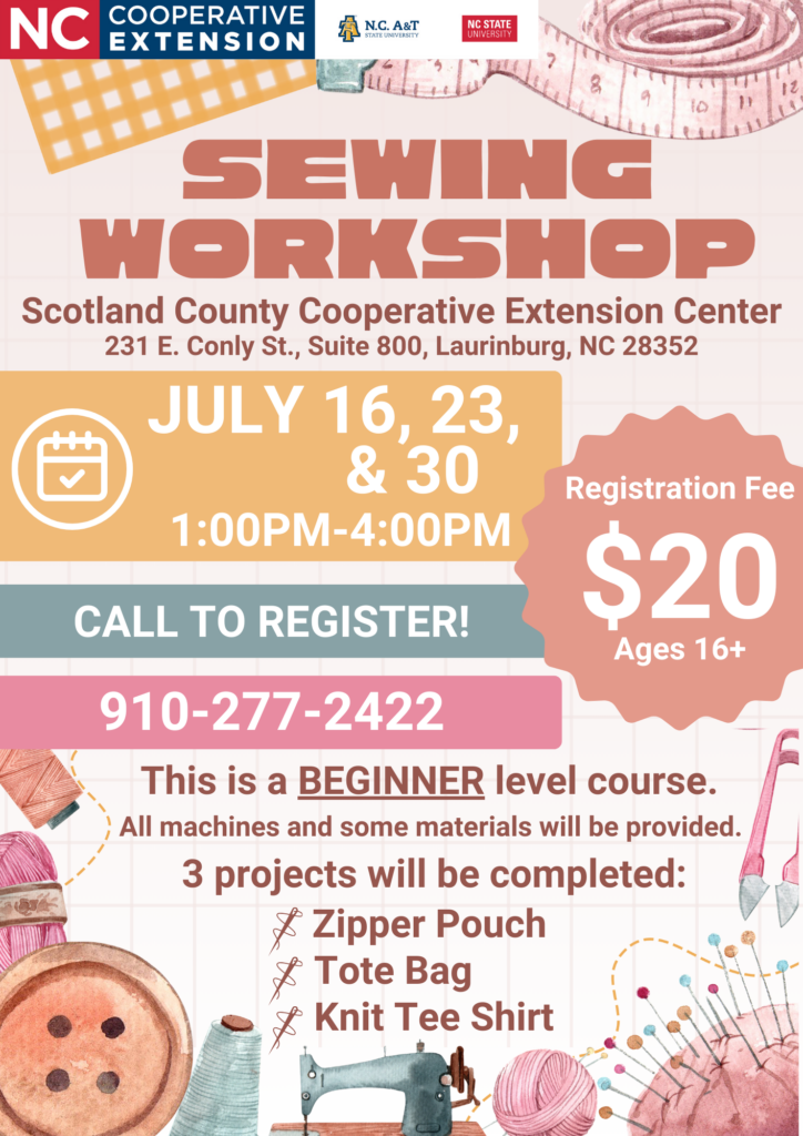 Sewing Workshop, July 16,23 & 30, 1:00 p.m. – 4:00 p.m.