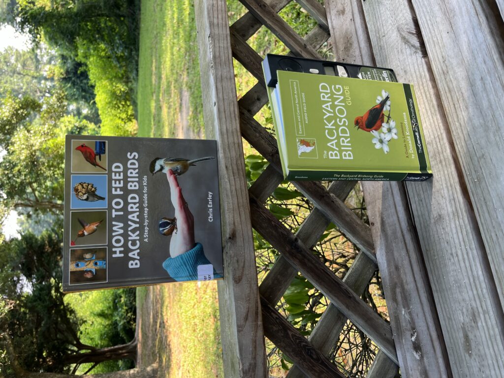 Two birding books, How To Feed Backyard Birds and Backyard Birdsong.