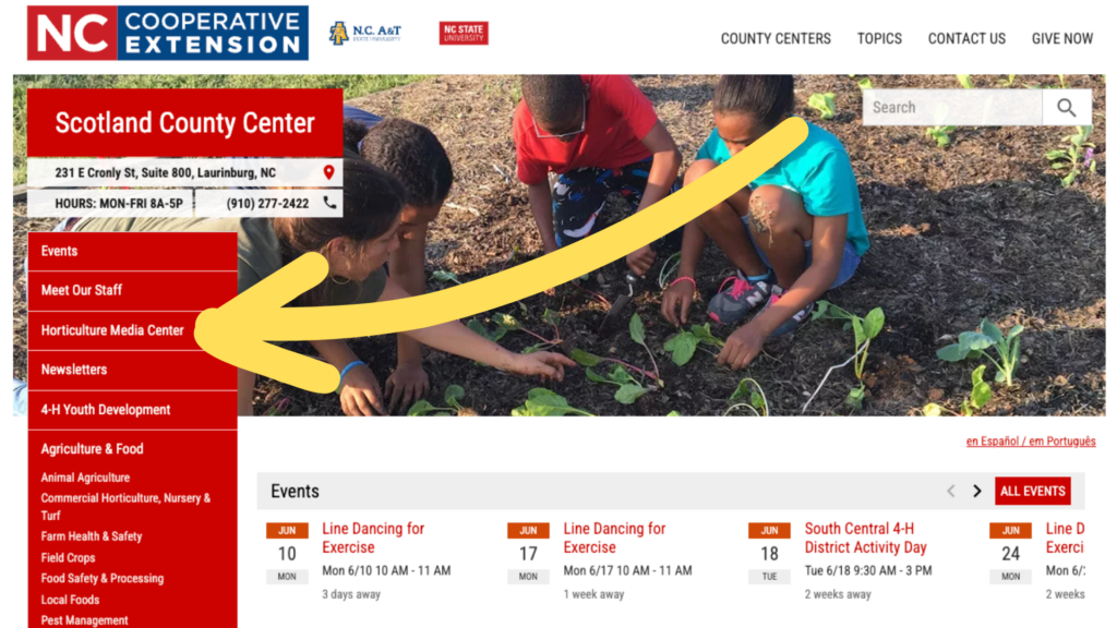 Screenshot of the Scotland County Center Site with an arrow pointing to the Horticulture Media Center option in the sidebar.