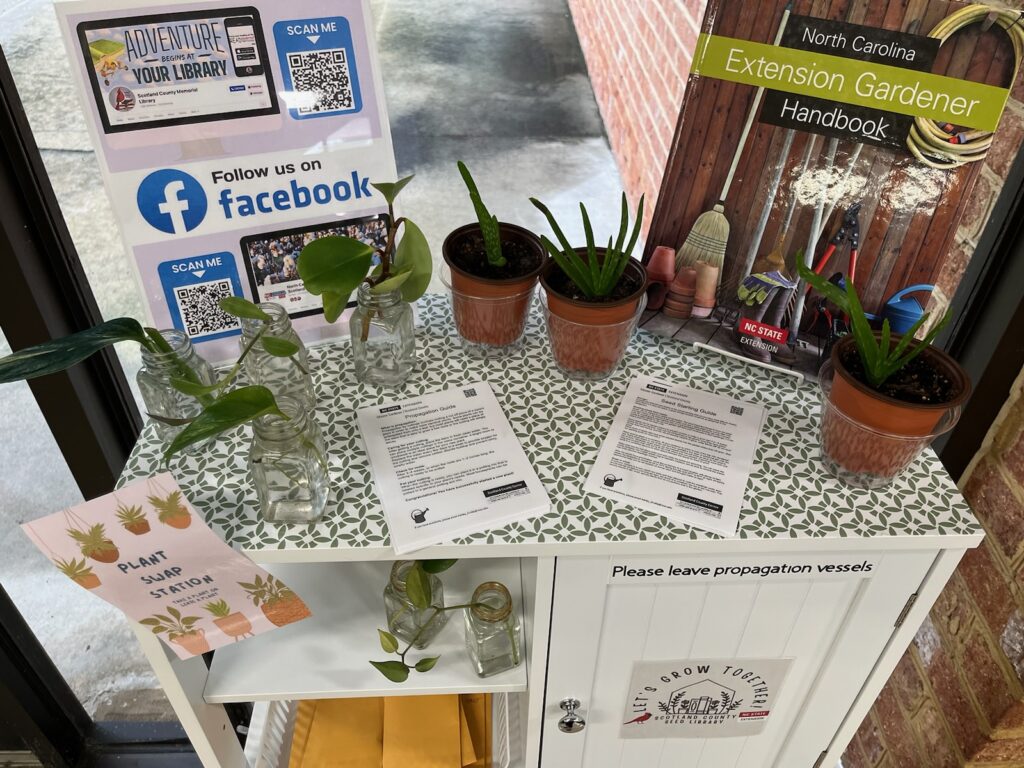 Information and plants on a white cabinet.