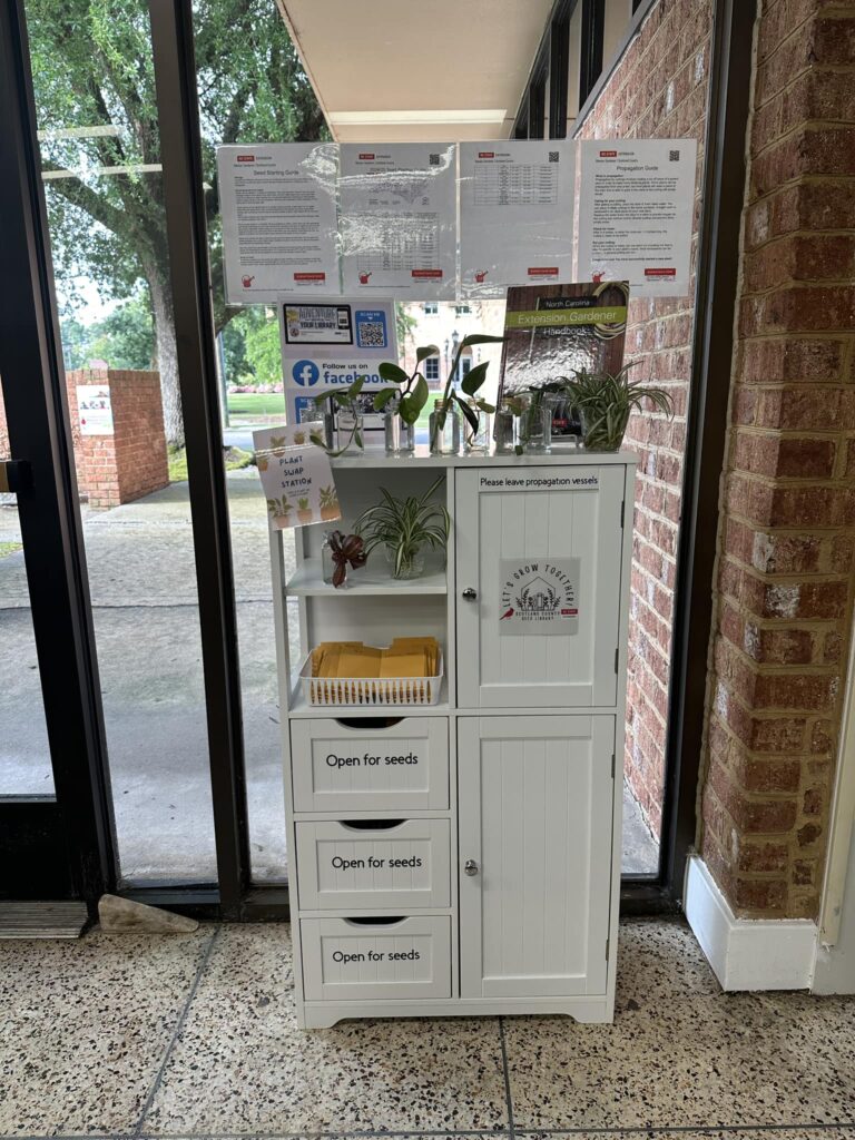 A seed Library set up in a white cabinet.